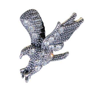 Silver-Tone Adjustable Eagle Ring With Rhinestone Accents And Textured Detailing